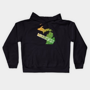 Colorful mandala art map of Michigan with text in green and orange Kids Hoodie